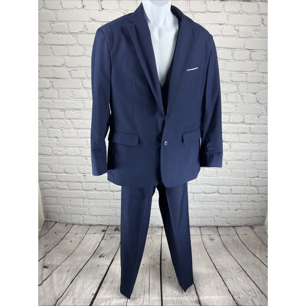 Unbranded Blue Full Suit 4 Piece Set Vest Pants Necktie Notch 2 Button Jacket XL